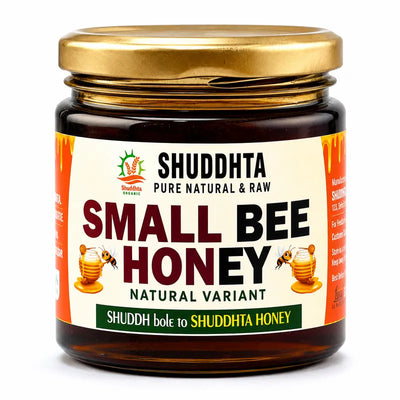 Shuddhta Small Bee Honey (Chhoti Makkhi Ka Shahad) jar with gold lid on a white background