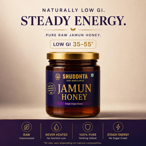 A jar of Shuddhta Jamun Honey centered on a beige background with promotional text above and feature icons below. The product is a dark amber glass jar with a gold lid and a deep purple label reading 'SHUDDHTA RAW, RARE & RICH JAMUN HONEY'.
