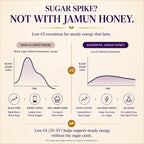 An infographic comparing Jamun Honey with other high GI sweeteners. The top text reads 'SUGAR SPIKE? NOT WITH JAMUN HONEY.