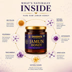 A jar of Shuddhta Jamun Honey centered on a beige infographic background with text and circular callouts about ingredients such as bee pollen, enzymes, polyphenols, antioxidants, amino acids, trace minerals, and natural sugars.