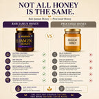An infographic comparison graphic titled 'NOT ALL HONEY IS THE SAME.' comparing Raw Jamun Honey and Processed Honey.