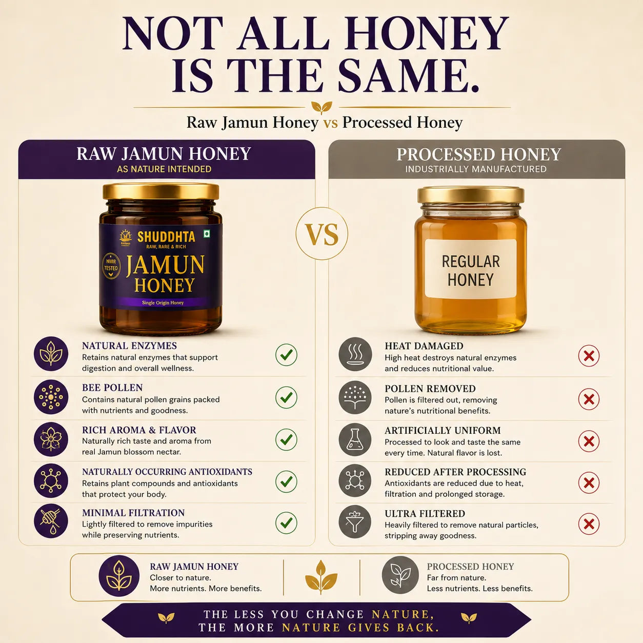 An infographic comparison graphic titled 'NOT ALL HONEY IS THE SAME.' comparing Raw Jamun Honey and Processed Honey.