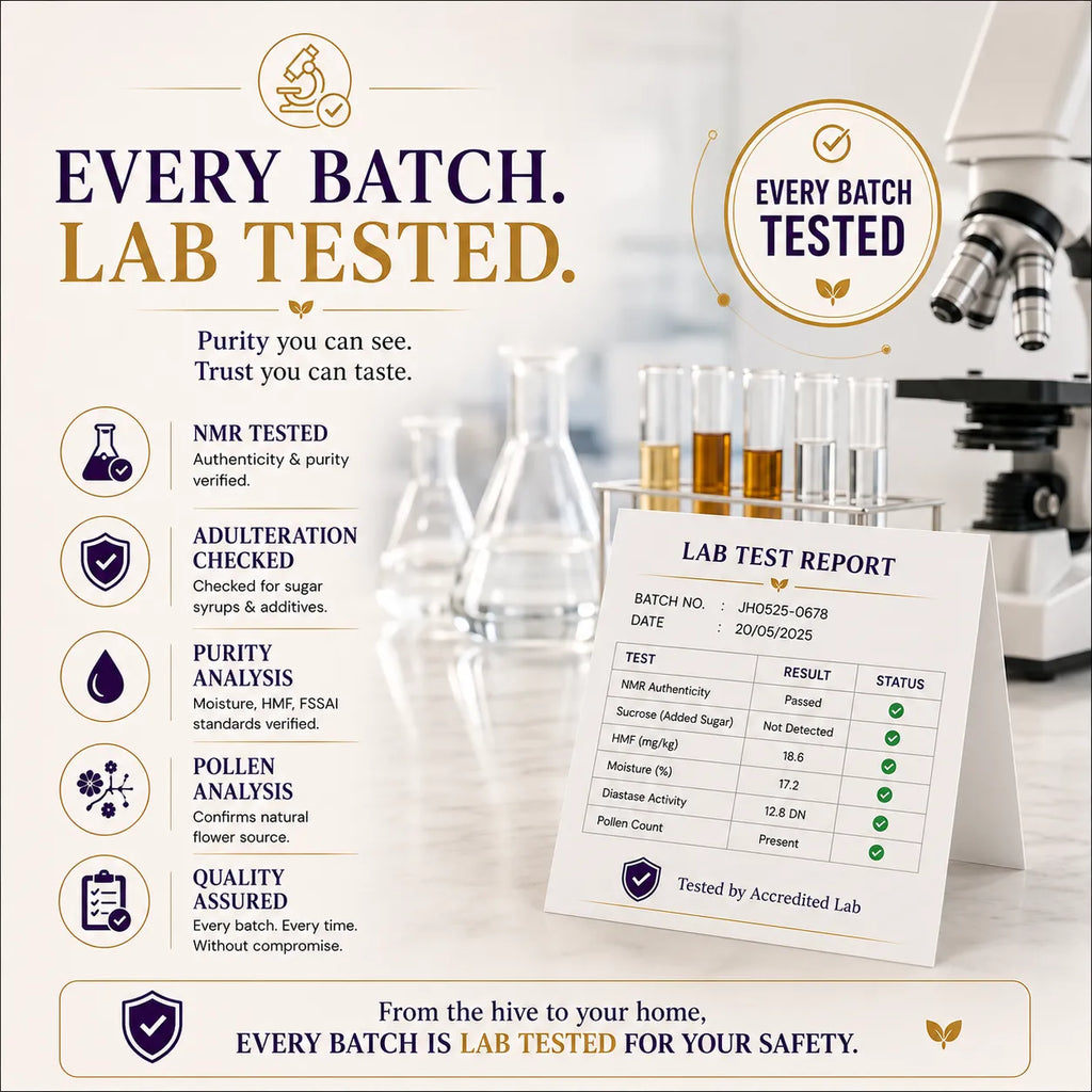 Promotional graphic for a honey product emphasizing lab-tested quality, with text reading 'EVERY BATCH. LAB TESTED.