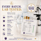 Promotional graphic for a honey product emphasizing lab-tested quality, with text reading 'EVERY BATCH. LAB TESTED.