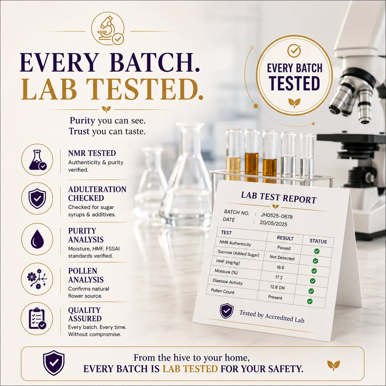 Promotional graphic for a honey product emphasizing lab-tested quality, with text reading 'EVERY BATCH. LAB TESTED.