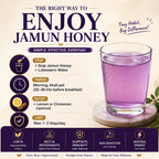 An informational marketing graphic for Jamun Honey, featuring a glass of purple honey on a marble coaster. The graphic includes text detailing how to enjoy jamun honey, step-by-step instructions, benefits, and a footer with health icons.
