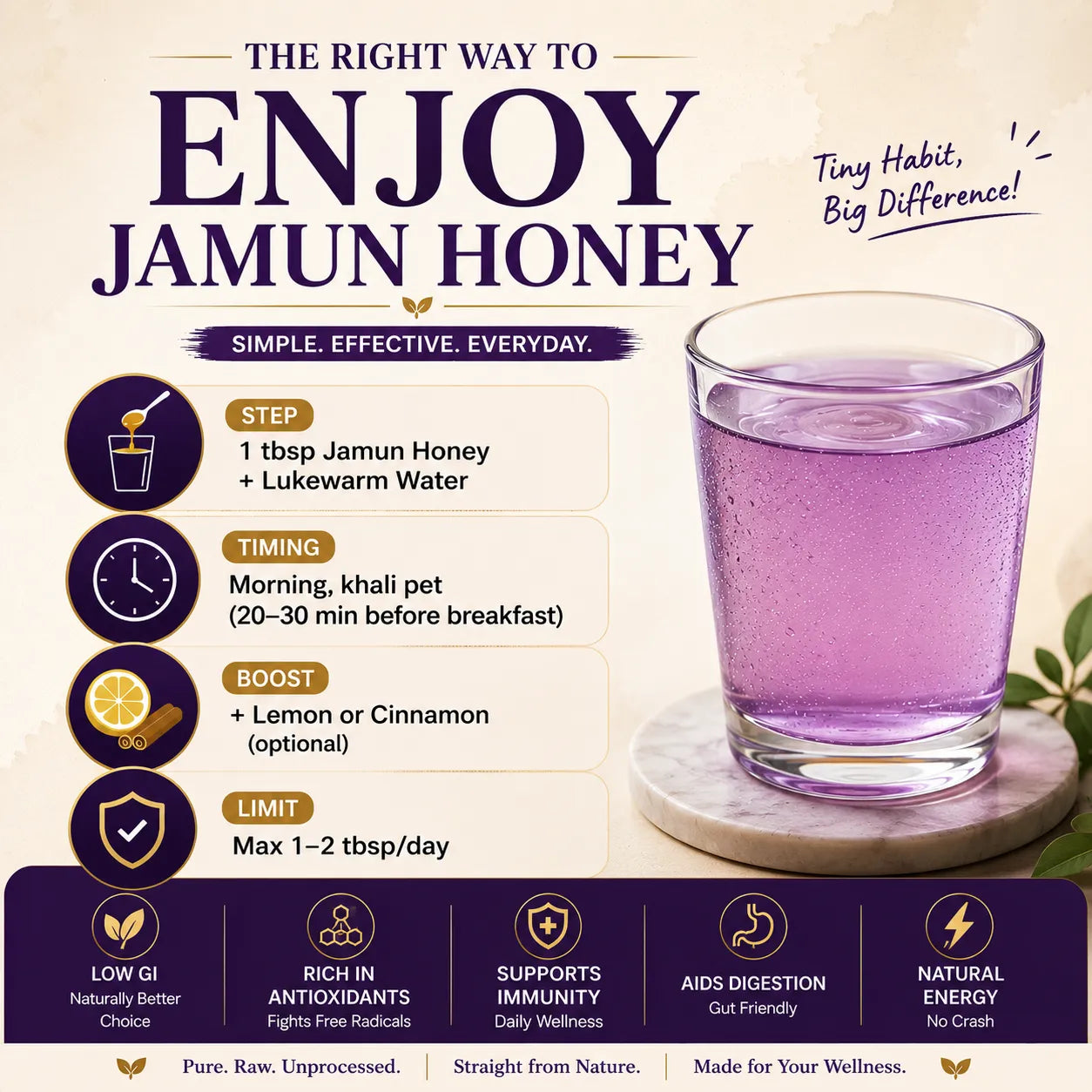 An informational marketing graphic for Jamun Honey, featuring a glass of purple honey on a marble coaster. The graphic includes text detailing how to enjoy jamun honey, step-by-step instructions, benefits, and a footer with health icons.