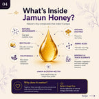 An educational infographic titled 'What's Inside Jamun Honey?' on a light beige background. It features a large golden honey droplet in the center, surrounded by icons and text detailing its natural antioxidants, enzymes, pollen, polyphenols, minerals, and jamun blossom nectar.