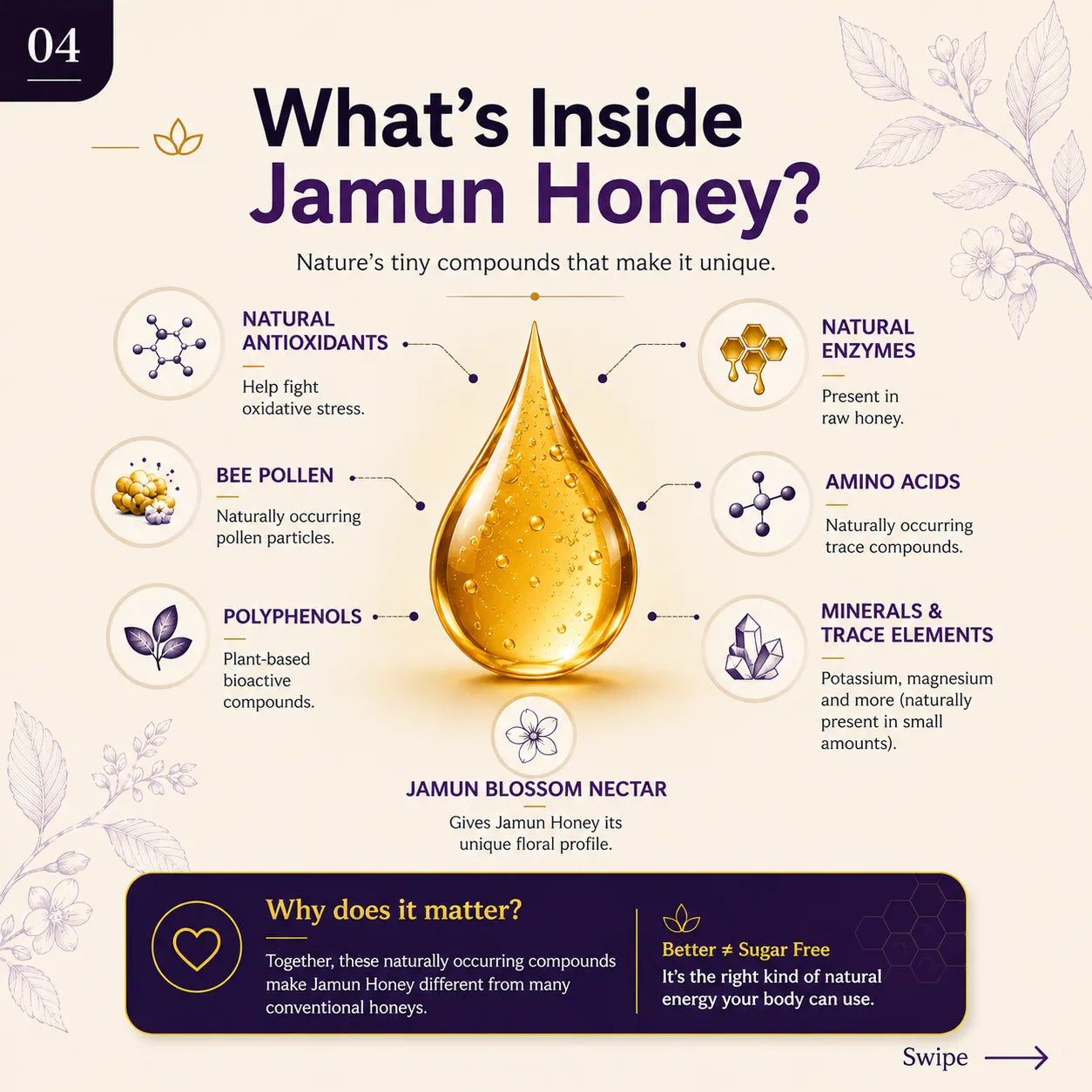 An educational infographic titled 'What's Inside Jamun Honey?' on a light beige background. It features a large golden honey droplet in the center, surrounded by icons and text detailing its natural antioxidants, enzymes, pollen, polyphenols, minerals, and jamun blossom nectar.