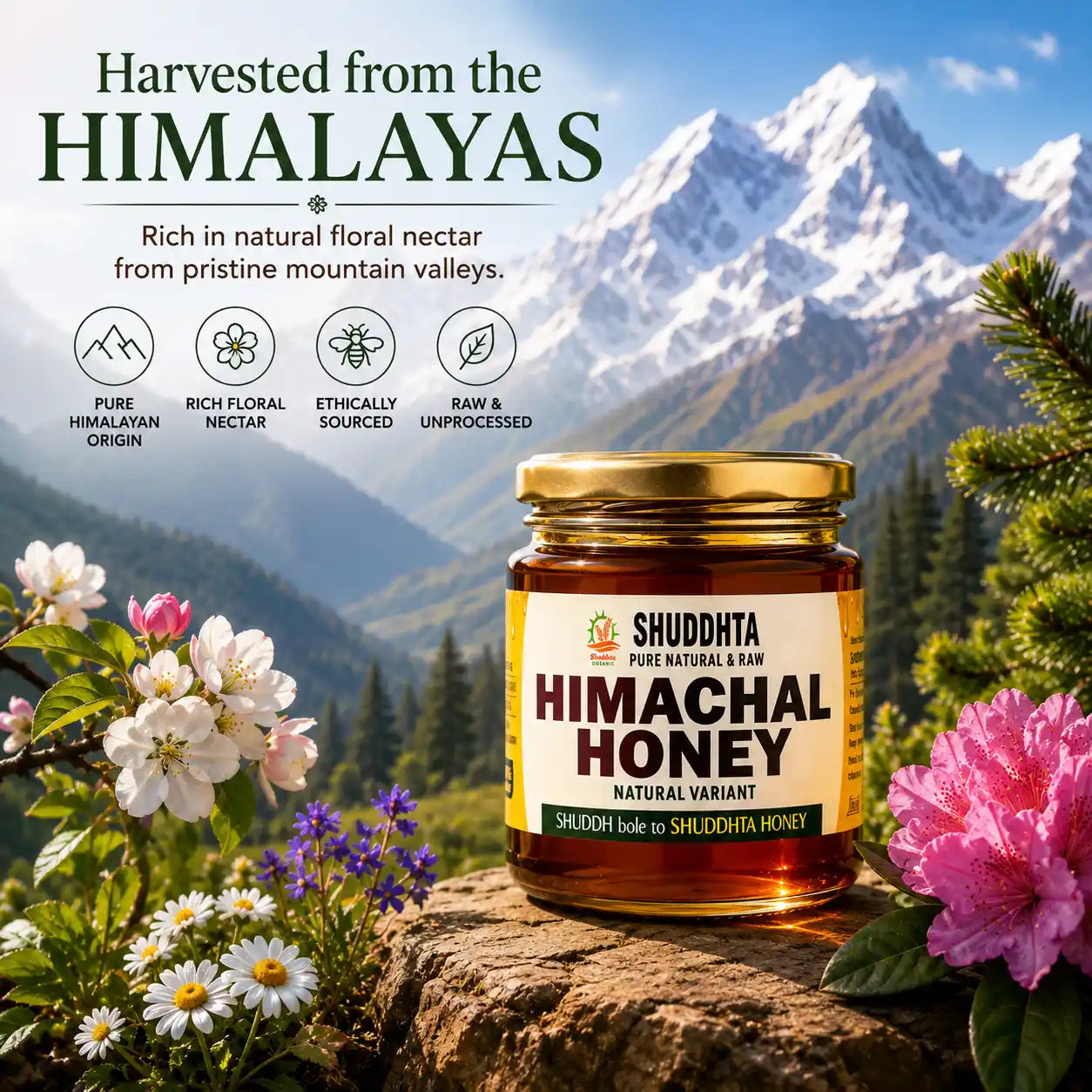A jar of Shuddhta Himachal Honey displayed on a log with mountain scenery in the background and text overlays highlighting its Himalayan origin and natural qualities.