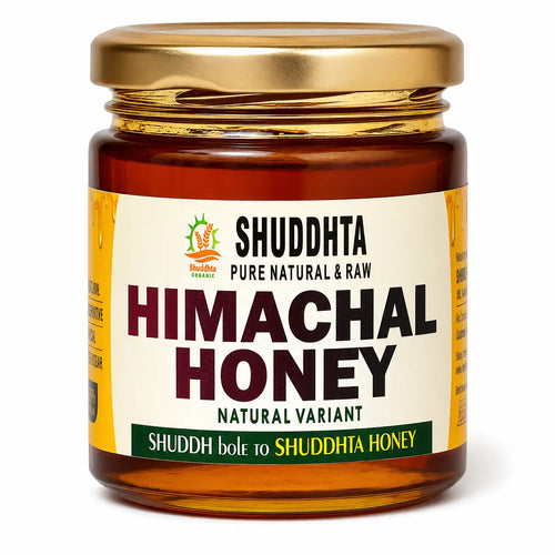 A jar of Shuddhta Himachal Honey with a gold metal lid and a cream-colored label, set against a plain white background.