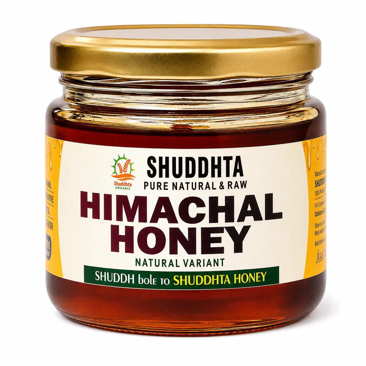 A glass jar of Shuddhta Himachal Honey with a gold metal lid and a cream-colored label, set against a plain white background.