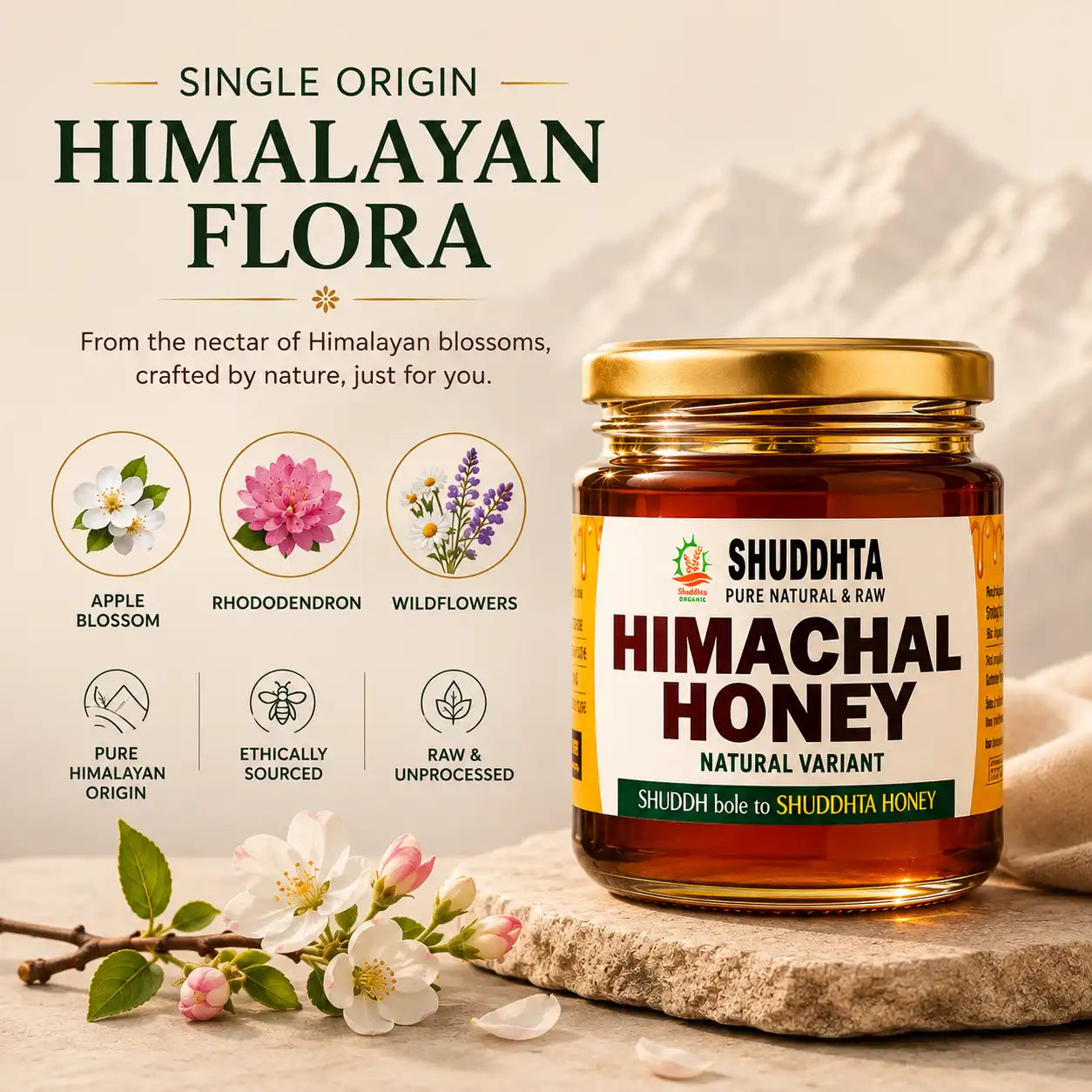 A jar of Shuddhta Himalayan Honey displayed on a stone slab with blooming flowers, set against a soft beige background with text highlighting 'Single Origin Himalayan Flora' and flavor notes of apple blossom, rhododendron, and wildflowers.