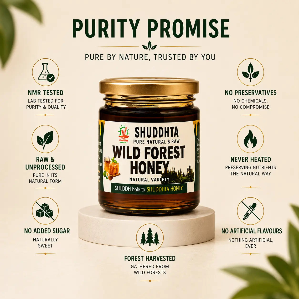 A jar of Shuddhda Wild Forest Honey centered on a pedestal with surrounding marketing text and icons on a warm beige background.