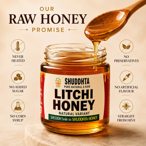 A jar of Shuddhta Litchi Honey with raw honey dripping from a wooden spoon above it, set against a warm beige background with product benefits text and icons.