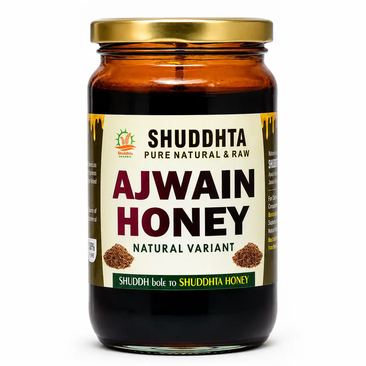 A glass jar of Shuddhta Pure Natural & Raw Ajwain Honey with a gold metal lid, set against a plain white background.