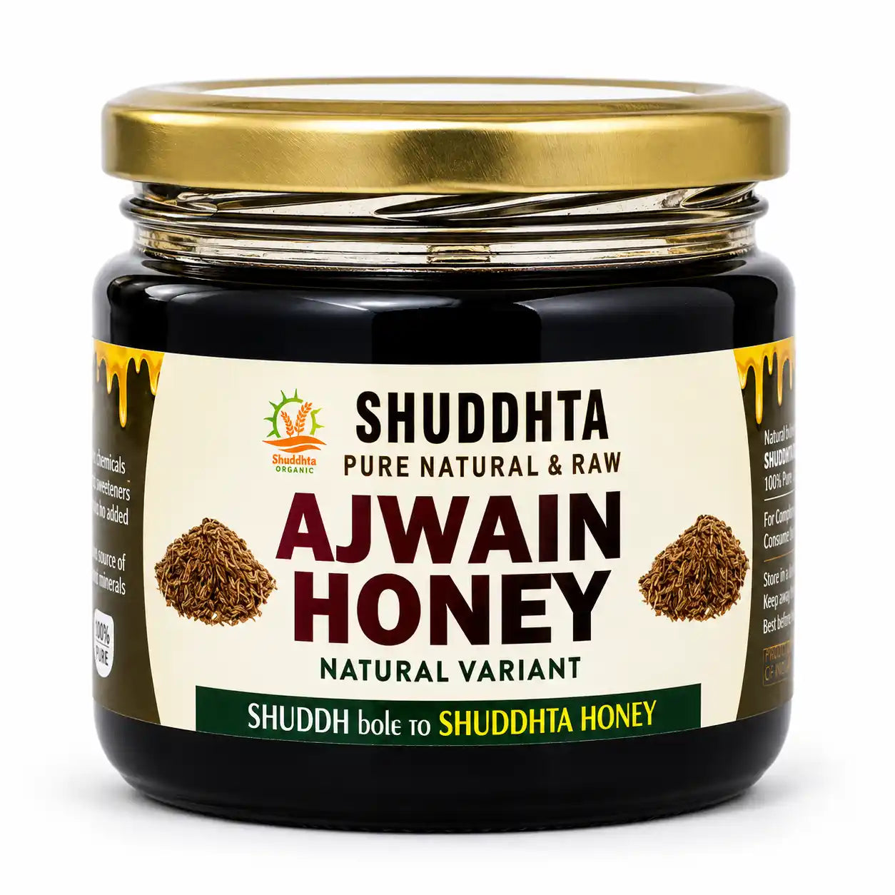 A jar of Shuddhta Ayurveda Ajwain Honey with a gold lid and cream-colored label, set against a plain white background.