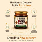 A jar of Shuddhta Ajwain Honey centered on a beige promotional graphic with text callouts about digestive comfort, metabolic wellness, bloating relief, and natural weight management.