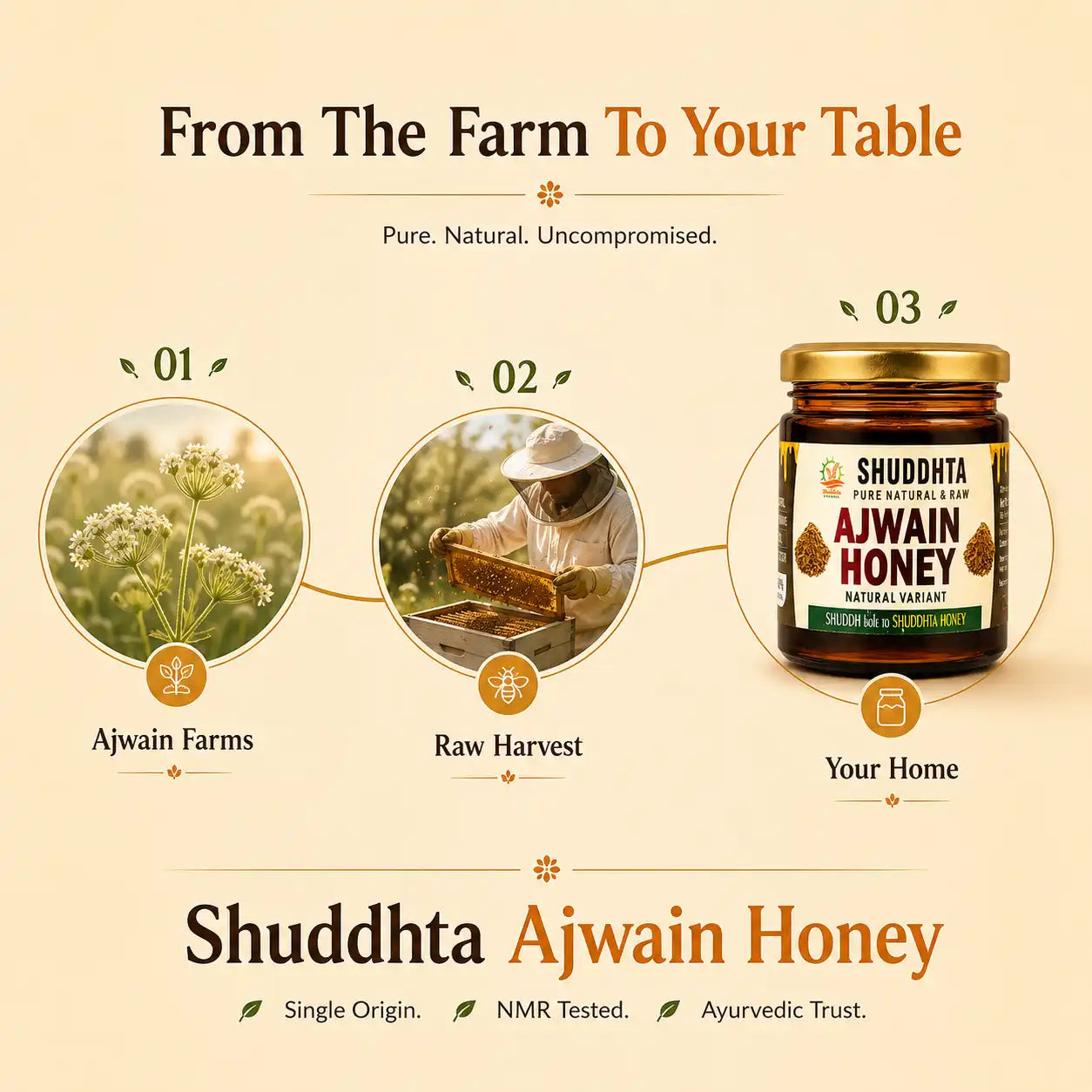 Promotional infographic for Shuddhta Ajwain Honey on a warm beige background. The graphic includes the text 'From The Farm To Your Table' and shows three labeled steps: '01 Ajwain Farms' with a flower photo, '02 Raw Harvest' with a beekeeper harvesting honey, and '03 Your Home' with the honey jar.