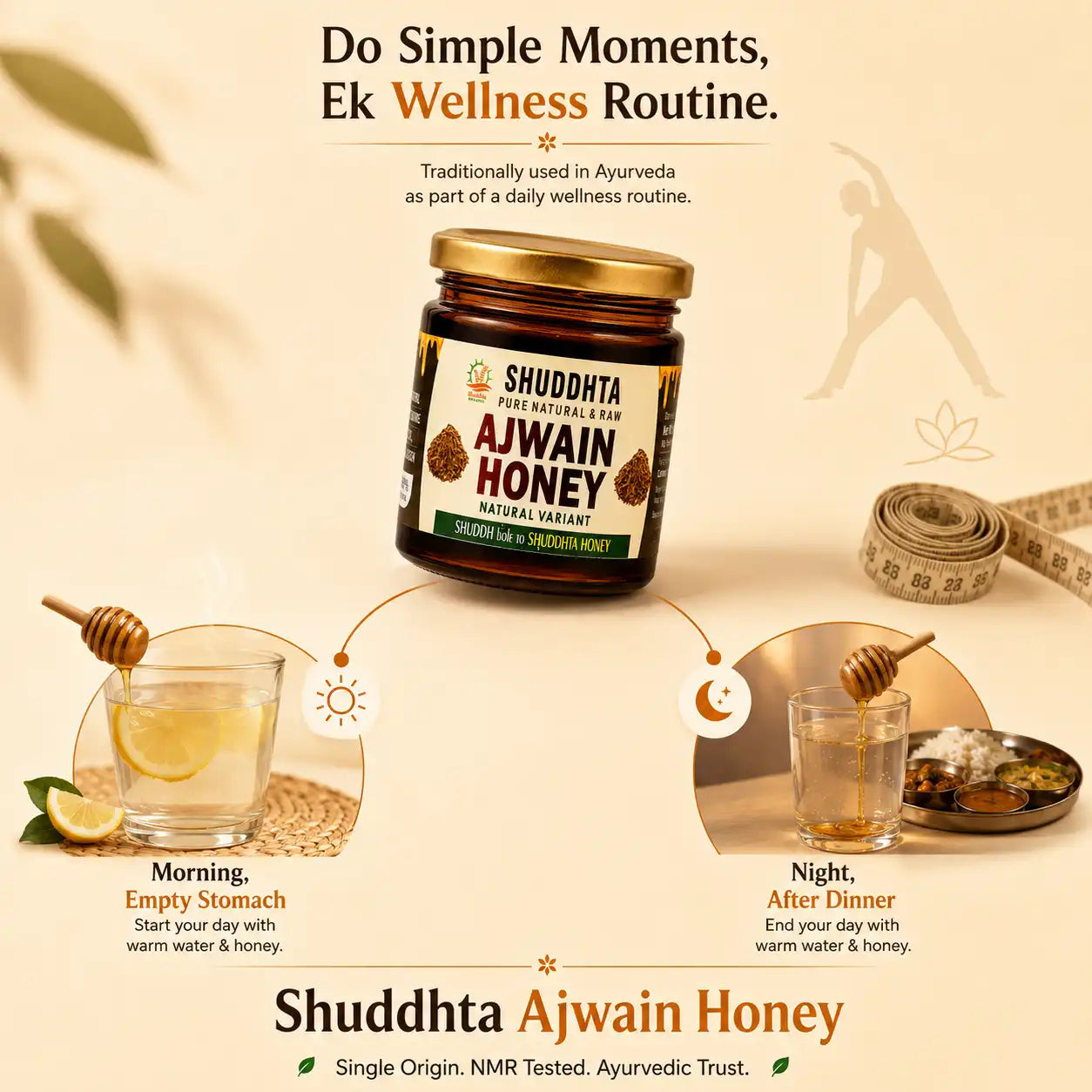 A promotional graphic for Shuddhta Ajwain Honey, showing a jar of natural variant honey in the center with lifestyle usage tips for morning and night consumption on a warm beige background.