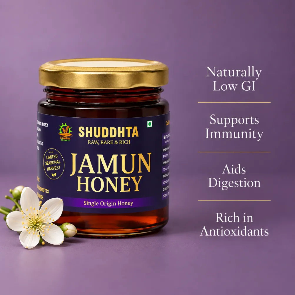 Shuddhta Jamun Honey jar on a purple background with white flowers