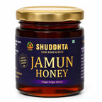 Shuddhta Jamun Honey (Jamun Ka Shahad) jar with gold lid and dark purple label on a white background
