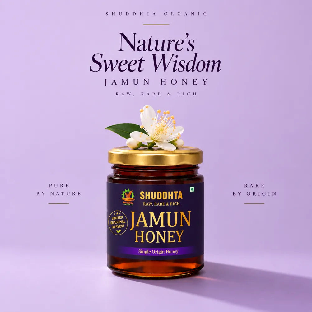 Shuddhta Jamun Honey jar with a white flower on the lid, on a lavender background with product text