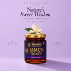 Shuddhta Jamun Honey jar with a white flower on the lid, on a lavender background with product text