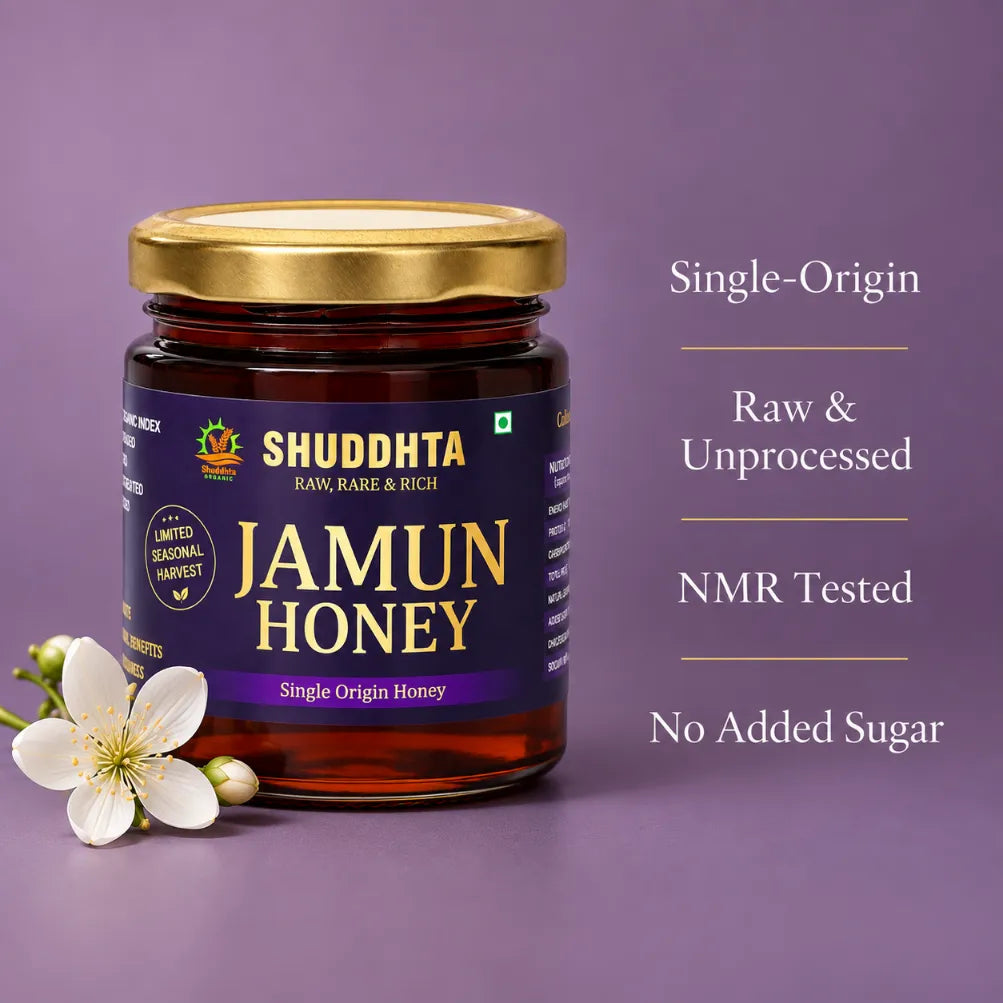 Shuddhta Jamun Honey jar with white flowers: single origin, raw and unprocessed, NMR tested, no added sugar