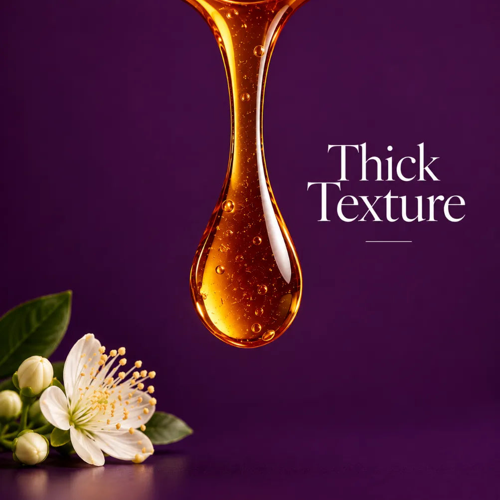 Close-up of thick, glossy Shuddhta Jamun Honey texture against a deep purple background