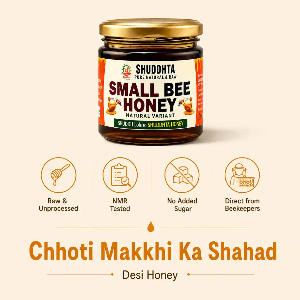 A jar of Shuddhda Small Bee Honey Natural Variant displayed on a light beige background with promotional text and feature icons below.