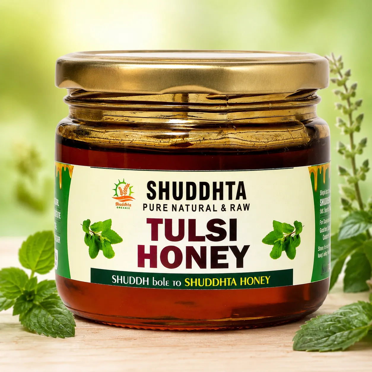 A jar of Shuddhta Pure Natural & Raw Tulsi Honey on a light wooden surface with mint leaves and a soft green blurred background. The amber glass jar has a gold metal lid and a white label with green and red text.