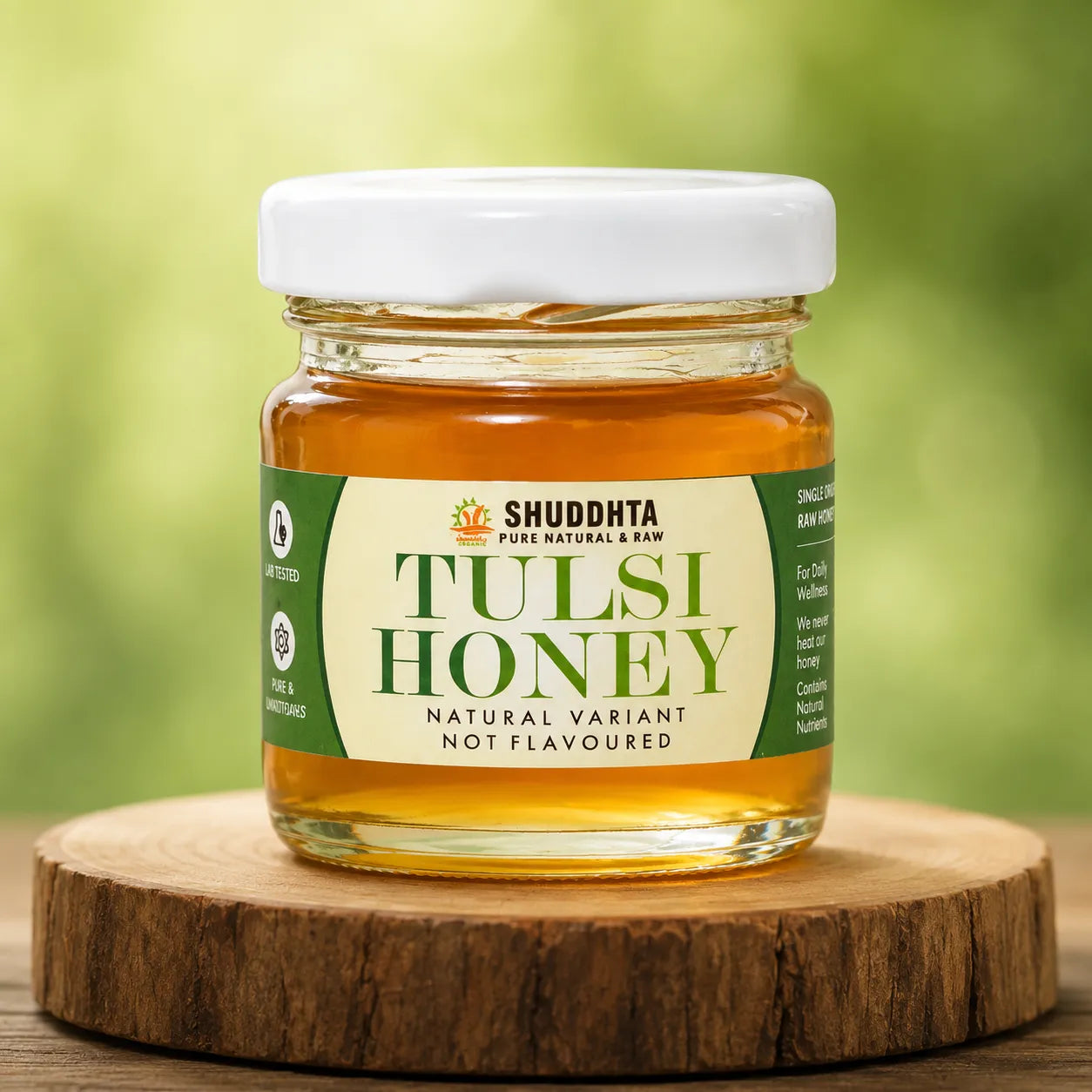 A jar of Shuddhta Tulsi Honey, natural variant, not flavored, sitting on a round wooden slice with a soft-focus green outdoor background.