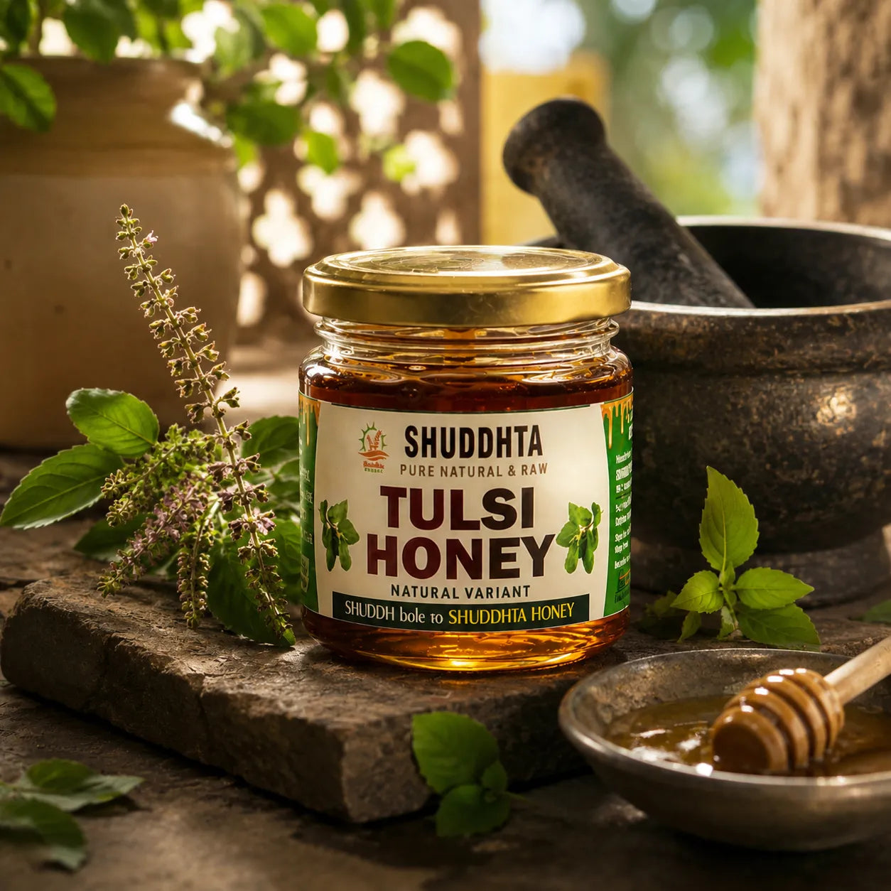 A jar of Shuddhta Tulsi Honey is displayed on a rustic stone slab with fresh tulsi leaves, a wooden honey dipper, and a dark mortar and pestle in the background.