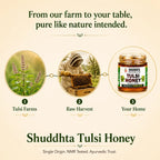 Promotional graphic for Shuddhta Tulsi Honey showing three illustrated steps: tulsi plants from Tulsi Farms, a beekeeper harvesting raw honey, and a jar of honey at your table. Text reads, 'From our farm to your table, pure like nature intended.
