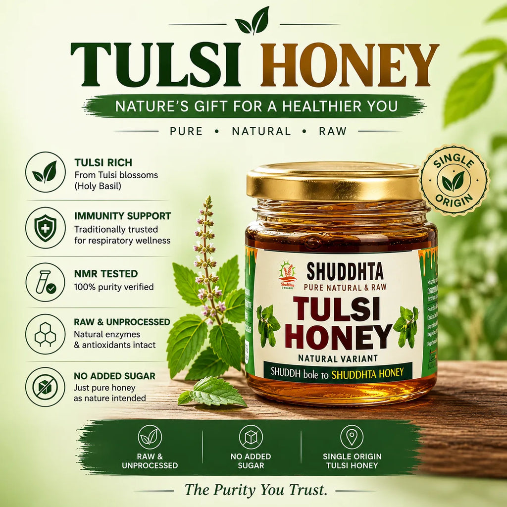 A jar of Shuddhta Tulsi Honey displayed on a wooden surface with a green and white promotional background. The jar has a gold lid and a white label with green and red text.