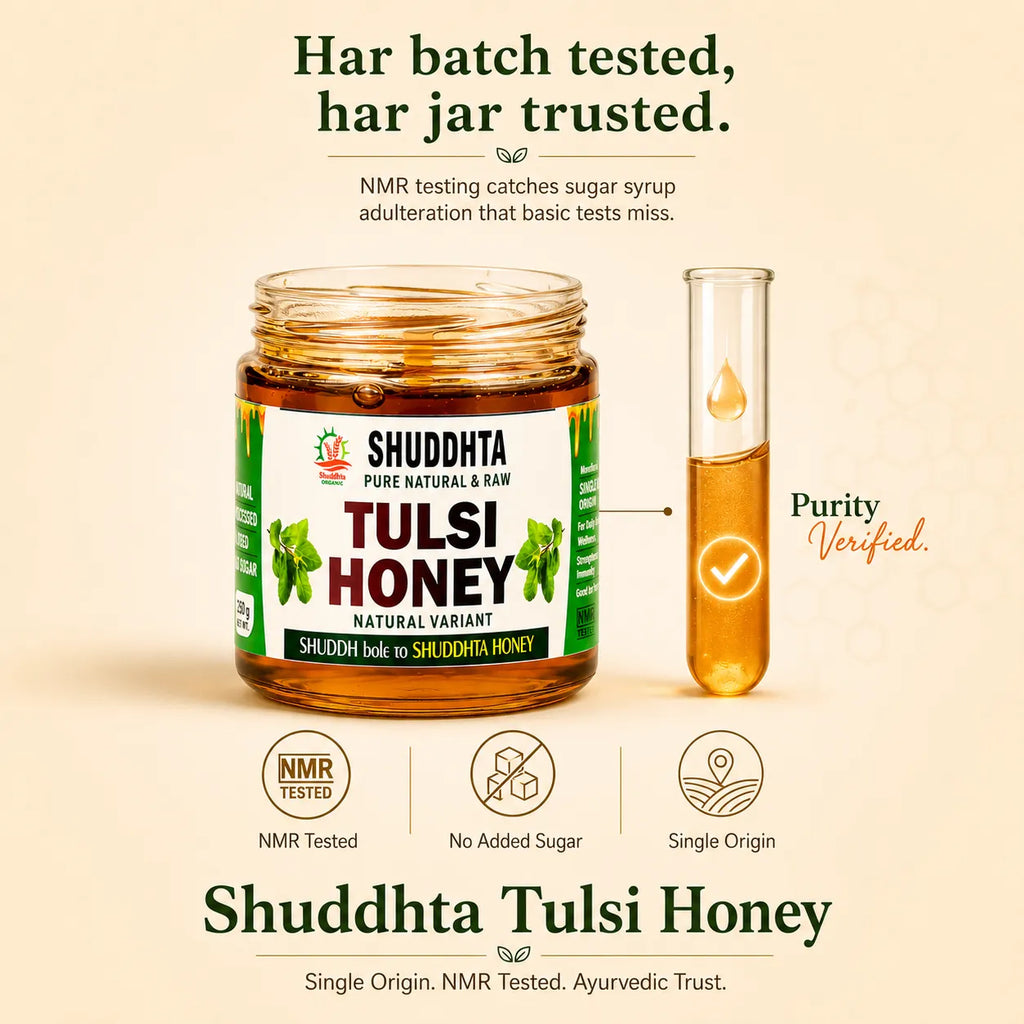 A jar of Shuddhta Tulsi Honey is shown on a warm beige background with supporting text and icons. The label reads 'Shuddhta Pure Natural & Raw Tulsi Honey Natural Variant.