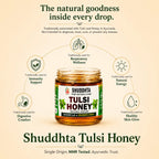 A jar of Shuddhta Tulsi Honey centered on a warm beige background with marketing text and circular icons highlighting benefits such as respiratory wellness, immune support, digestive comfort, natural energy, and skin glow.