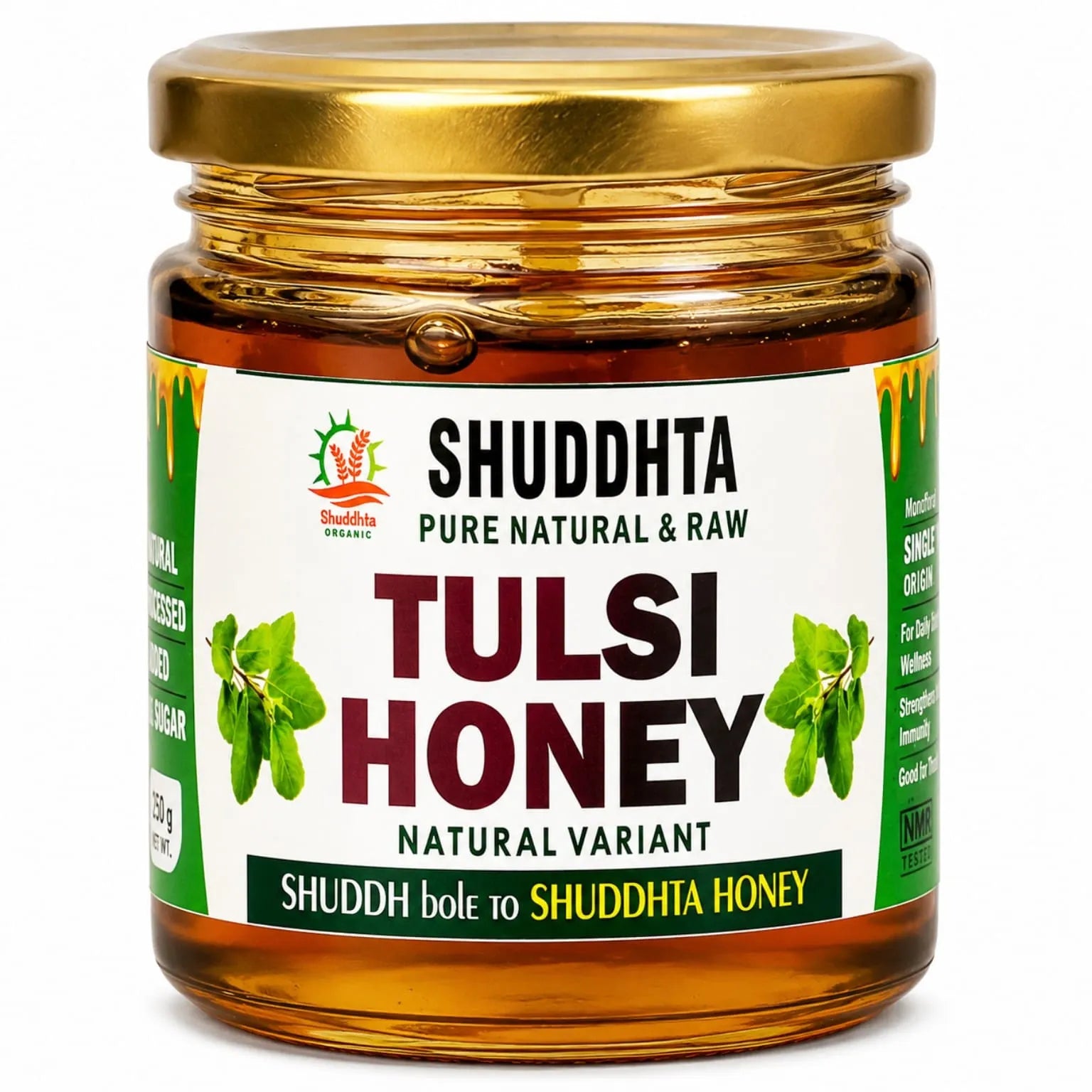A jar of Shuddhta Tulsi Honey with a gold metal lid and a white label featuring green and red text, set against a plain white background.