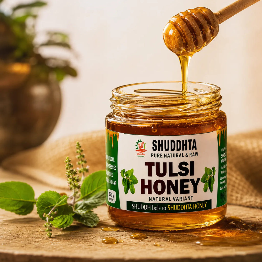 A jar of Shuddhta Tulsi Honey with honey dripping from a wooden dipper, set on a rustic wooden surface with fresh tulsi leaves and a soft, warm background.