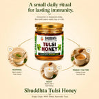 A promotional infographic for Shuddha Tulsi Honey, featuring a jar of honey at the center with three circular lifestyle usage examples for morning, night, and midday/tea time, set against a warm beige background with text describing its benefits for lasting immunity.