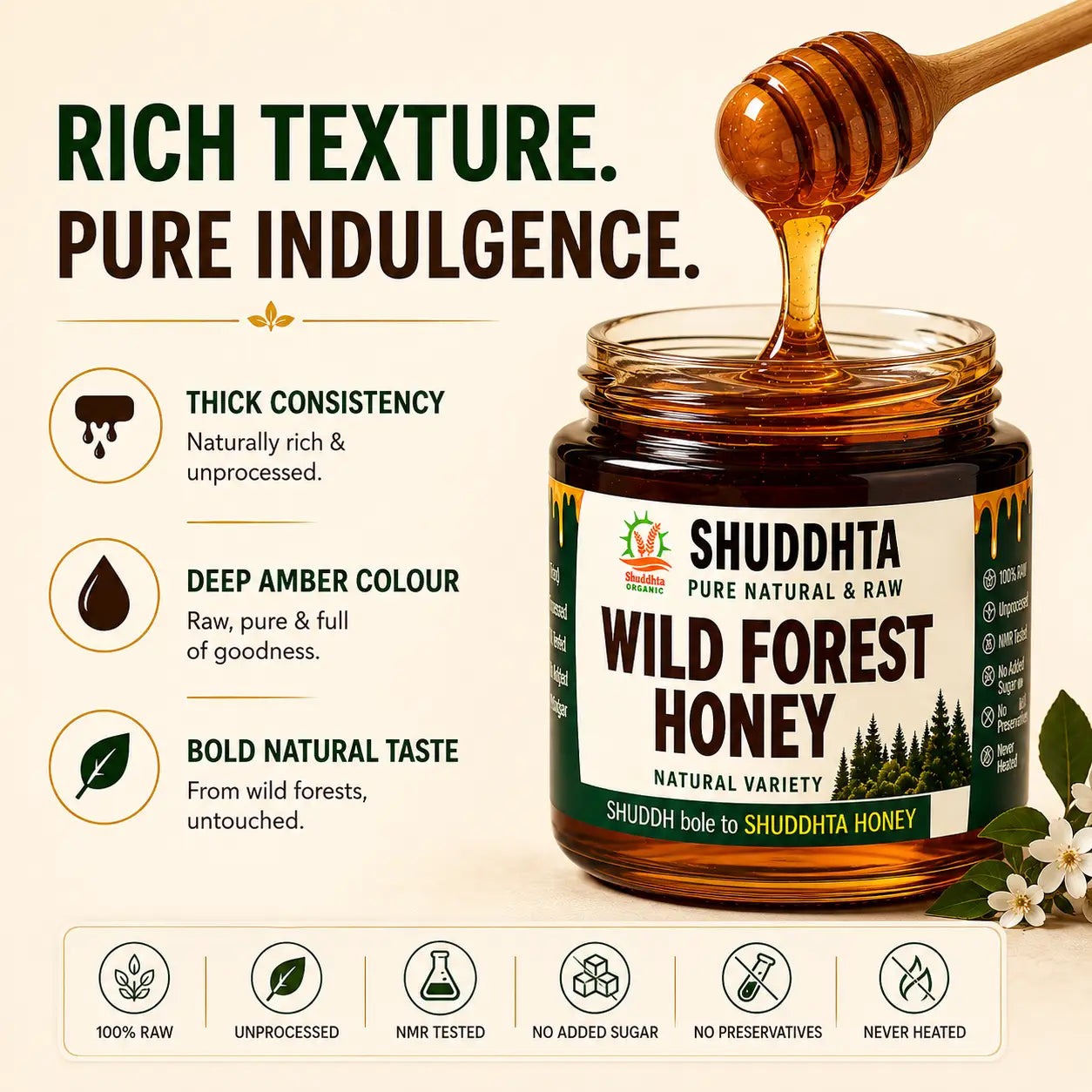 A jar of Shuddhta Wild Forest Honey shown on a beige background with marketing text, a honey dipper pouring honey, and small white flowers. The label reads 'SHUDDHTA PURE NATURAL & RAW WILD FOREST HONEY NATURAL VARIETY'.