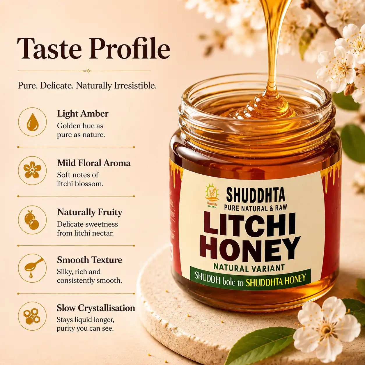 A jar of Shuddhta Litchi Honey with honey dripping from the top, set on a stone coaster with flowers. The left side features a 'Taste Profile' text section with descriptions of the honey's light amber color, floral aroma, and smooth texture.