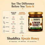 A jar of Shuddhta Ajwain Honey on a warm beige background with promotional text and a comparison table. The jar has a gold lid and a cream label with green and orange text.