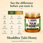 A promotional product graphic for Shuddhta Tulsi Honey. On the right is a glass jar of golden-brown honey with a green and white label.