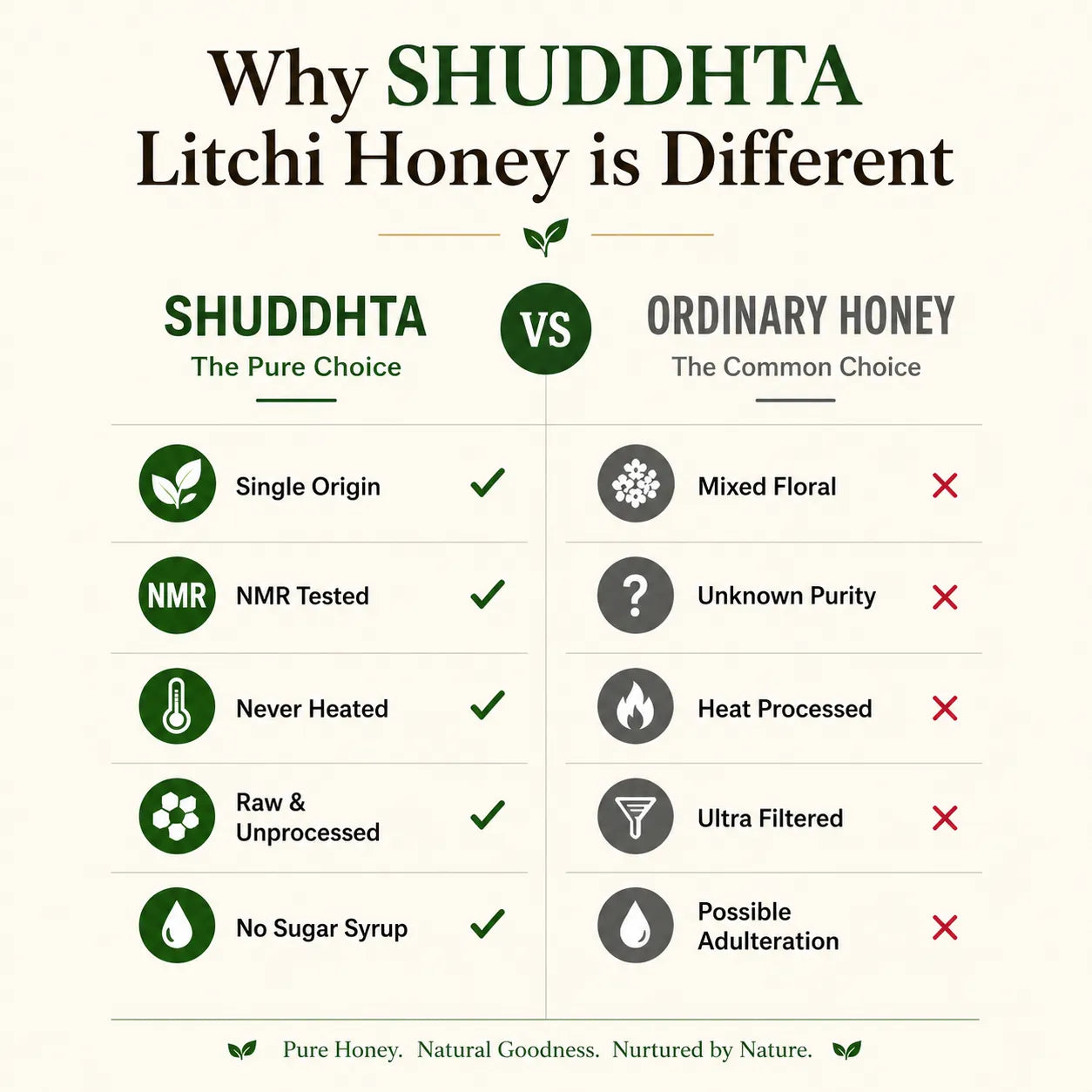 An infographic comparison titled 'Why SHUDDHTA Litchi Honey is Different' on a cream background, comparing SHUDDHTA honey with ordinary honey across origin, testing, heating, processing, and purity points.