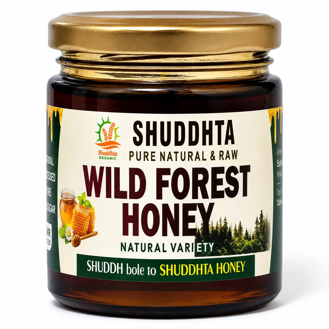 A jar of Shuddhta Organic Wild Forest Honey with a gold metal lid and a cream-colored label, set against a plain white background.