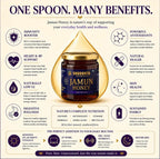 An infographic poster detailing the benefits of Shuddhahta Jamun Honey, featuring a central jar of honey, a large honey drop, and various illustrated icons with text describing health and wellness benefits on a cream background.