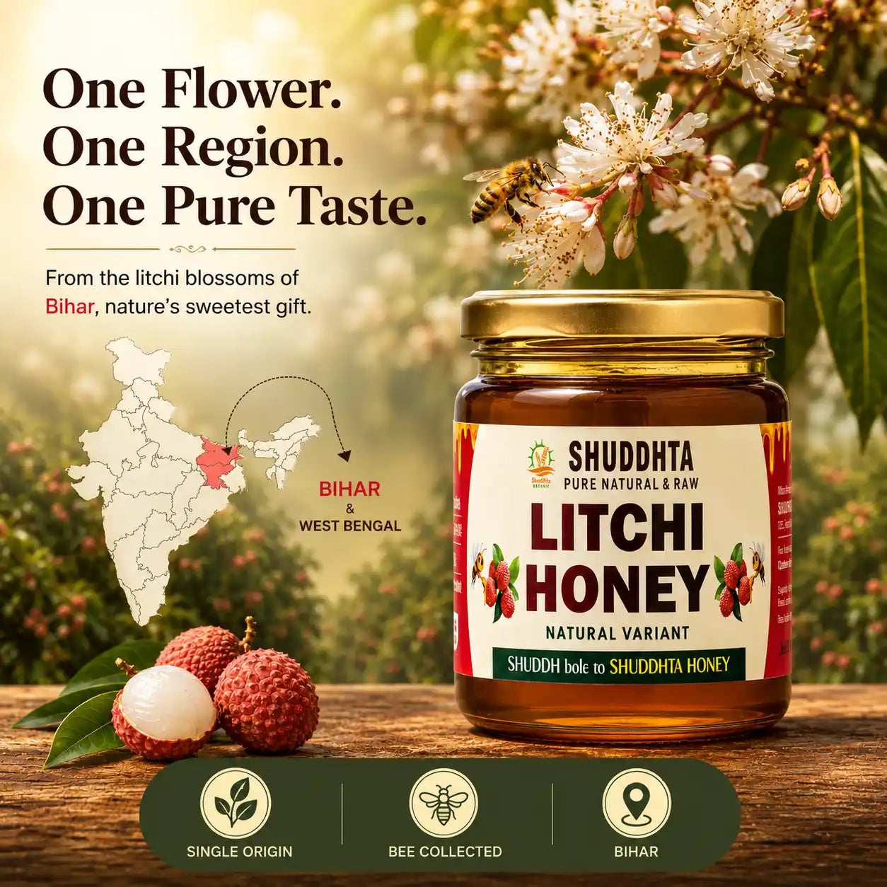A jar of Shuddhta Pure Natural & Raw Litchi Honey displayed on a rustic wooden surface with fresh lychee fruits, flowers, and a bee in a garden setting. The image includes promotional text highlighting the product's origin in Bihar, West Bengal, and feature icons at the bottom.
