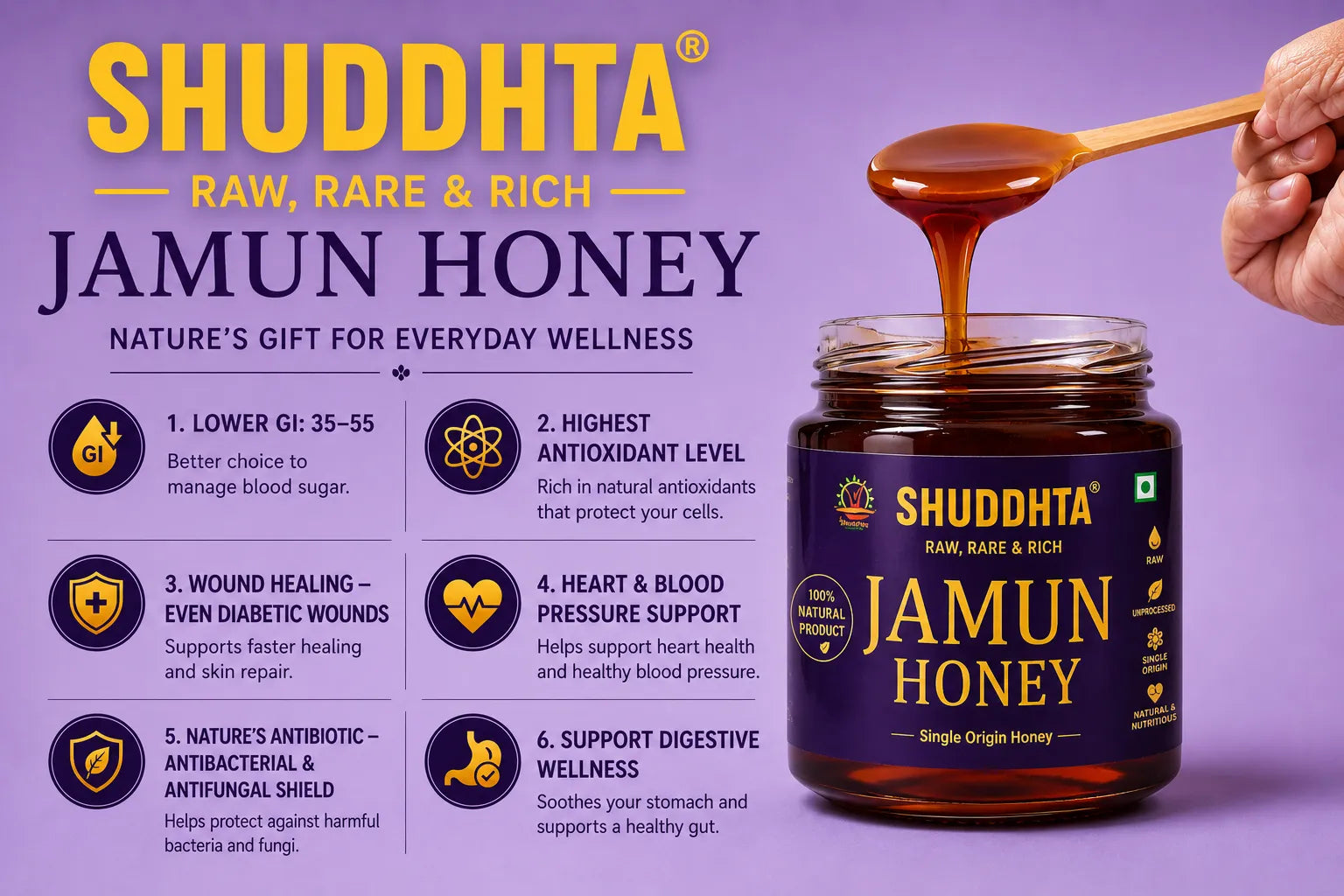 Shuddhta Jamun Honey jar with a spoonful of honey on a purple background